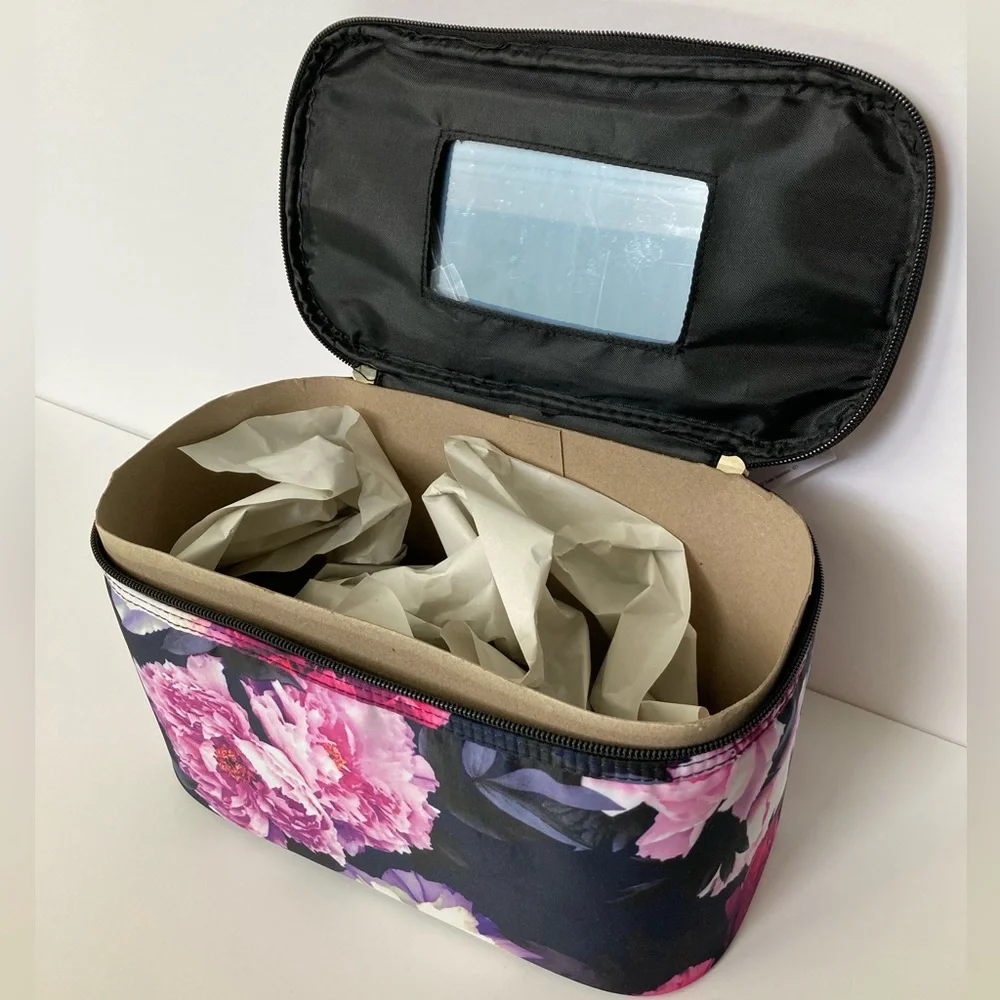 Modella Cosmetic Train Case in Midnight Blue & Pink Floral Pattern with Handle